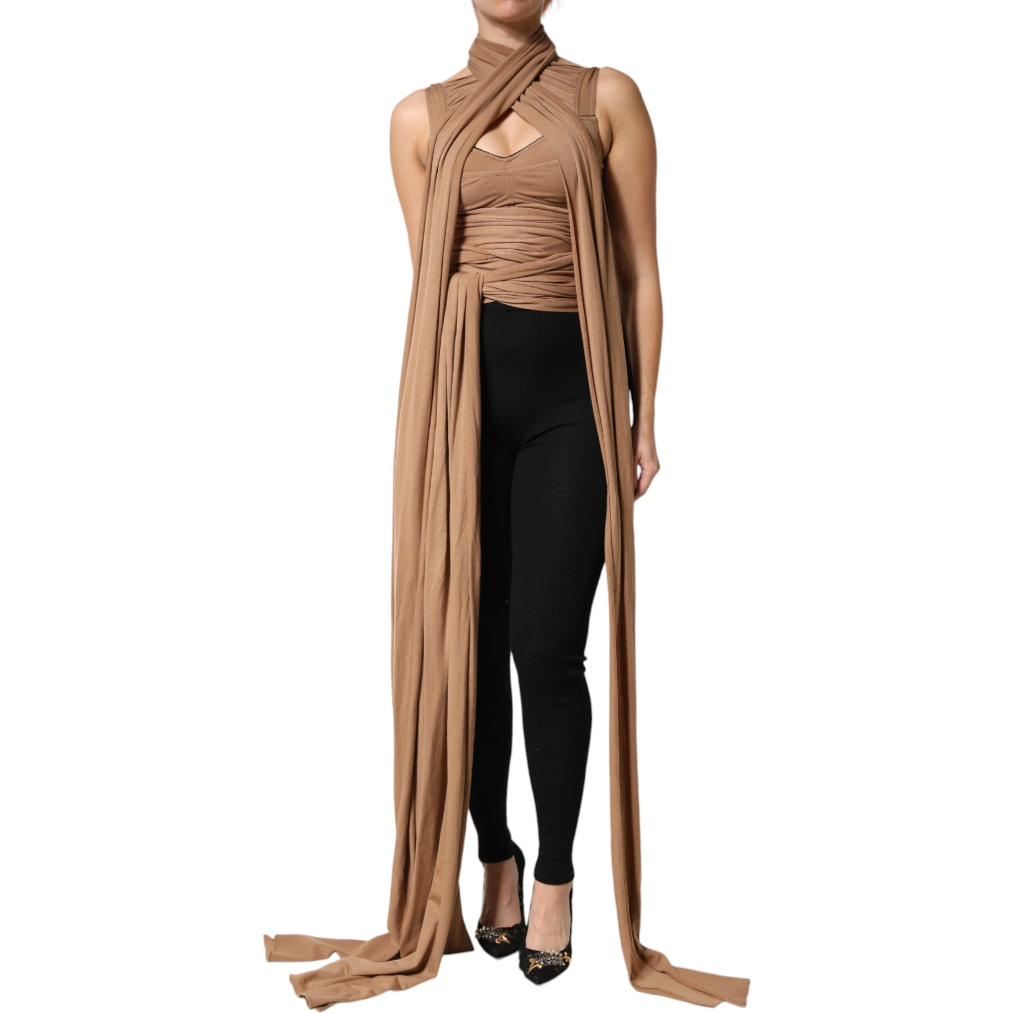 Brown Virgin Wool Sleeveless Scarf Tank Top