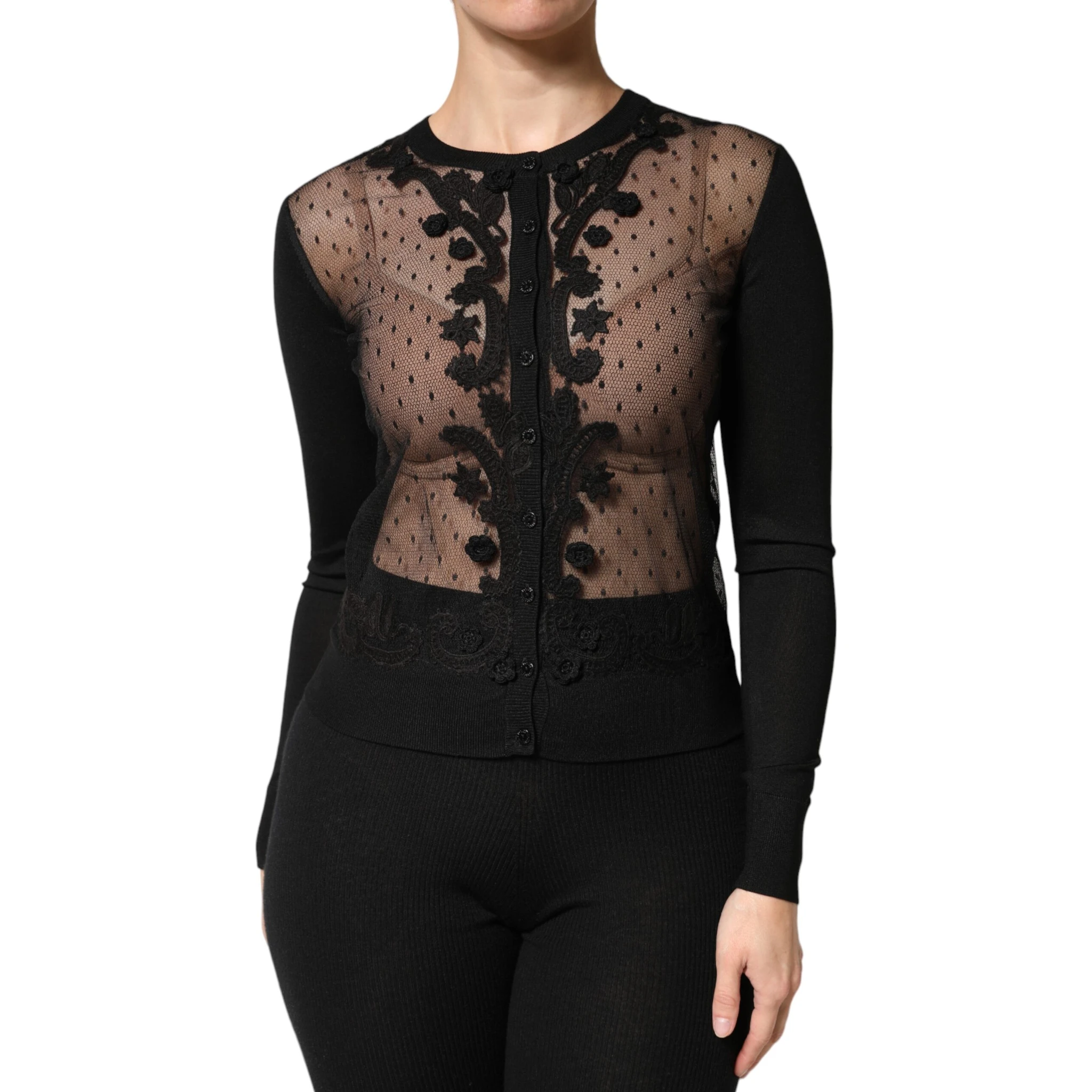 Black Sheer Button Down Cardigan Sweater