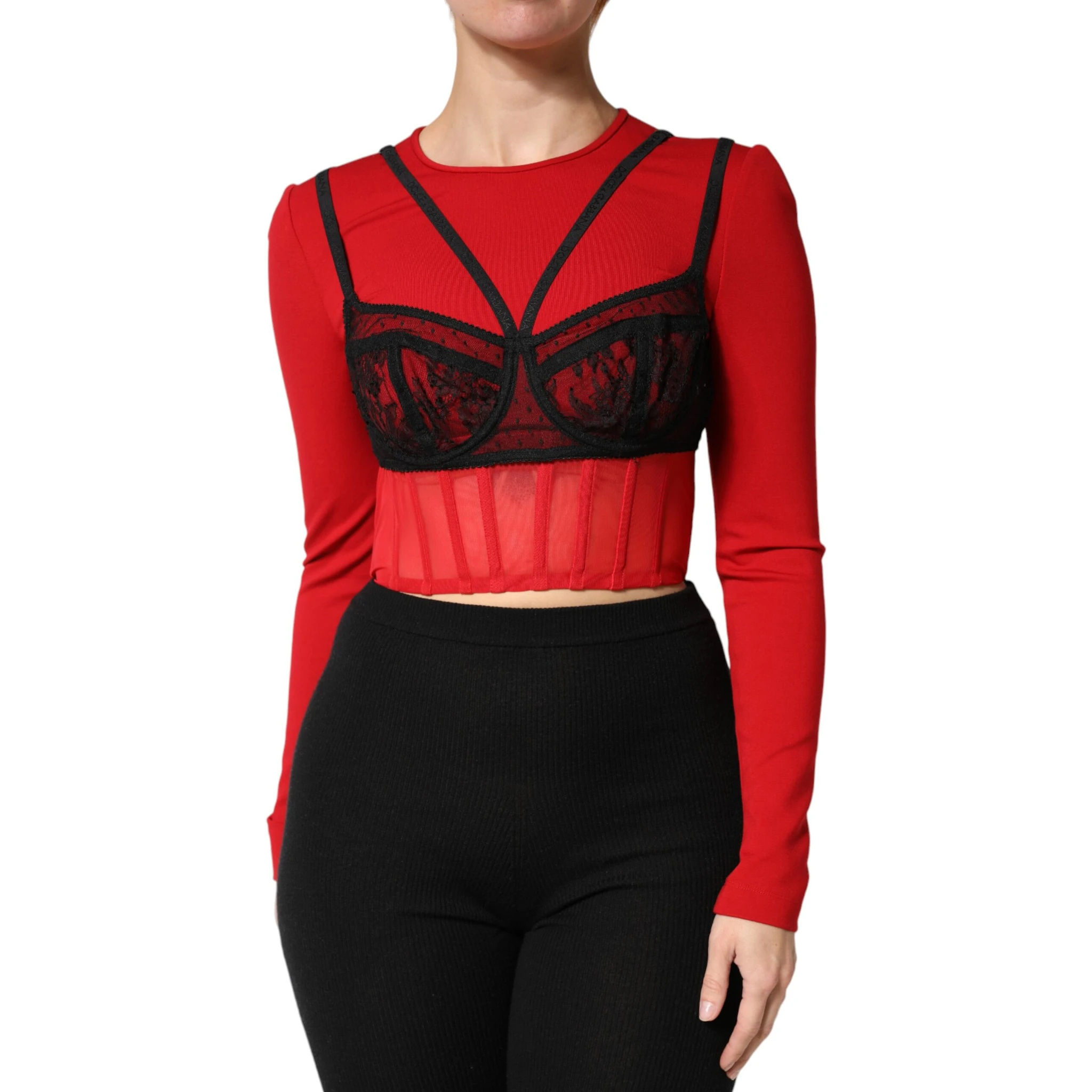 Red Black Nylon Bralette-Style Cropped Top