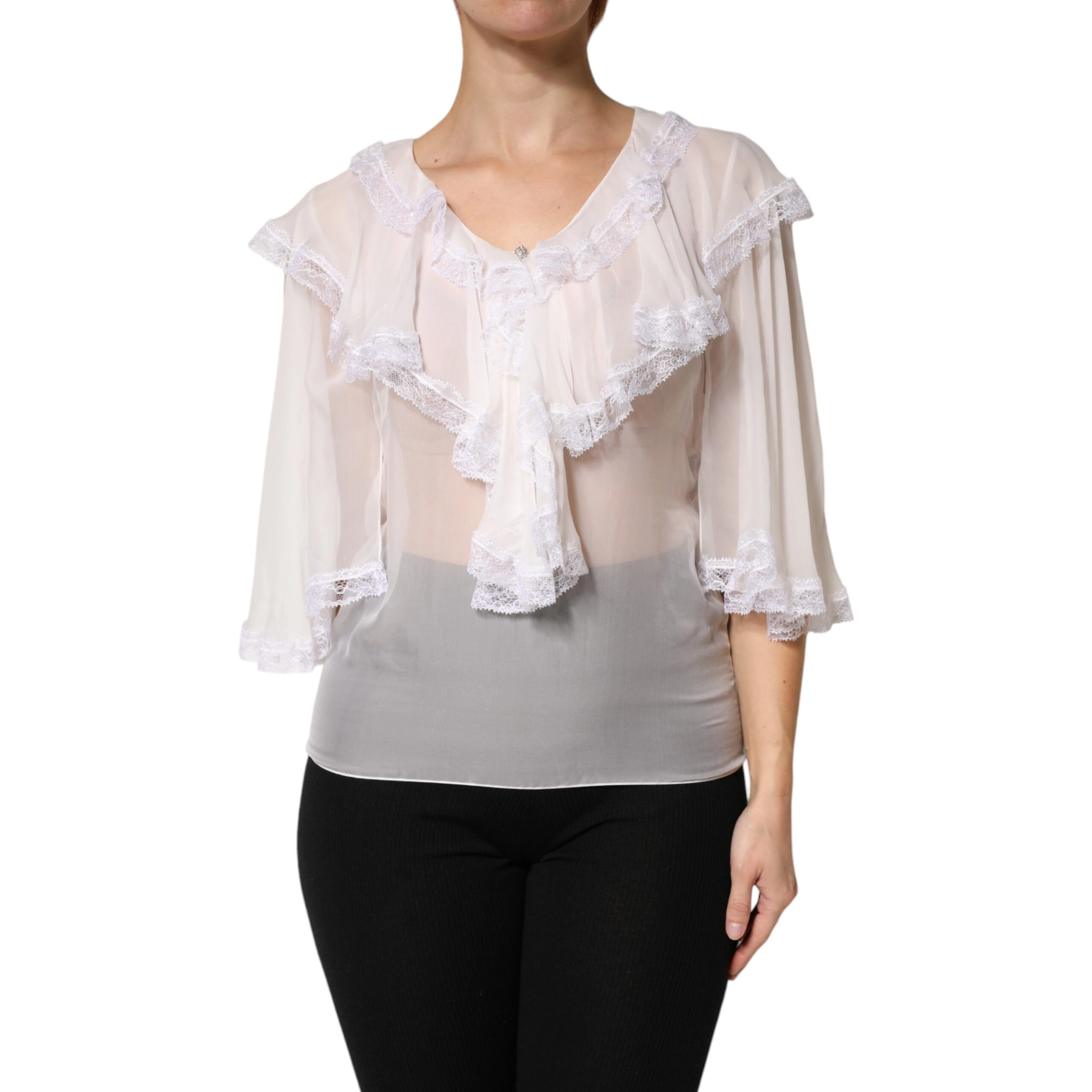 White Ruffles Lace Long Sleeve Blouse Top
