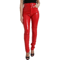 Shiny Red High Waist Skinny Trouser Pants