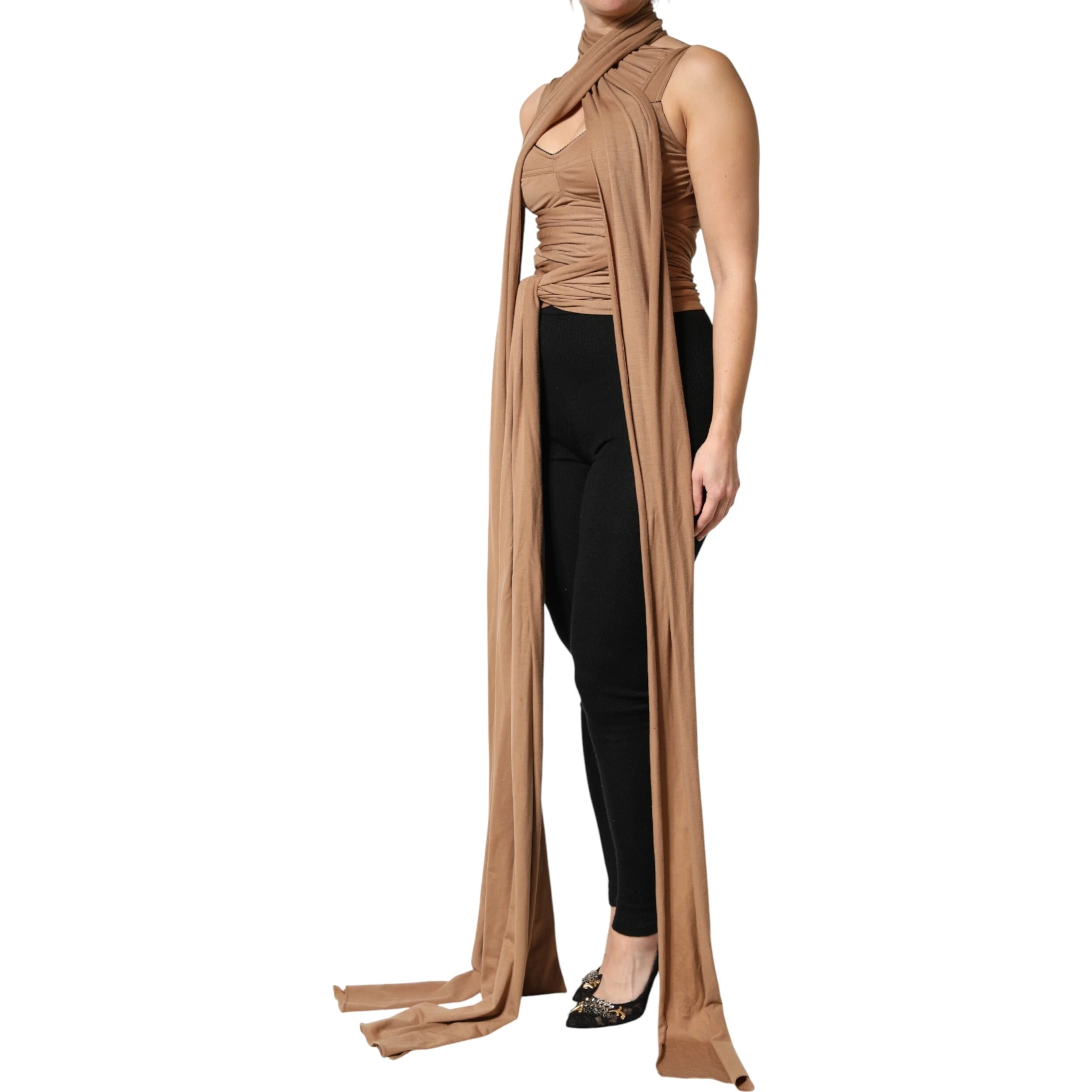 Brown Virgin Wool Sleeveless Scarf Tank Top