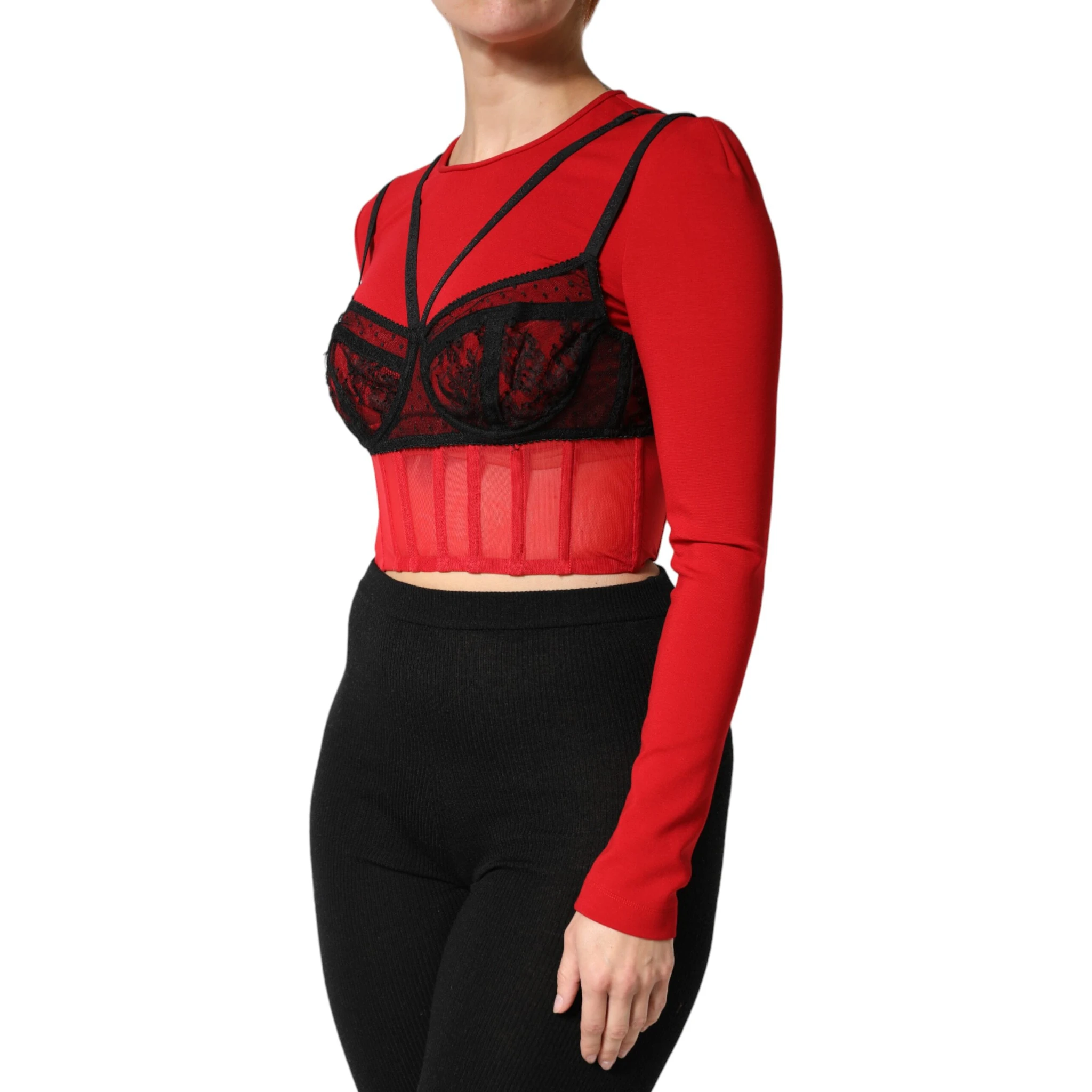 Red Black Nylon Bralette-Style Cropped Top