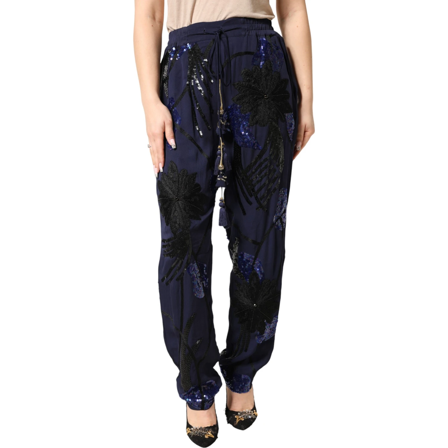 Blue Sequined Tapered Trouser Pants