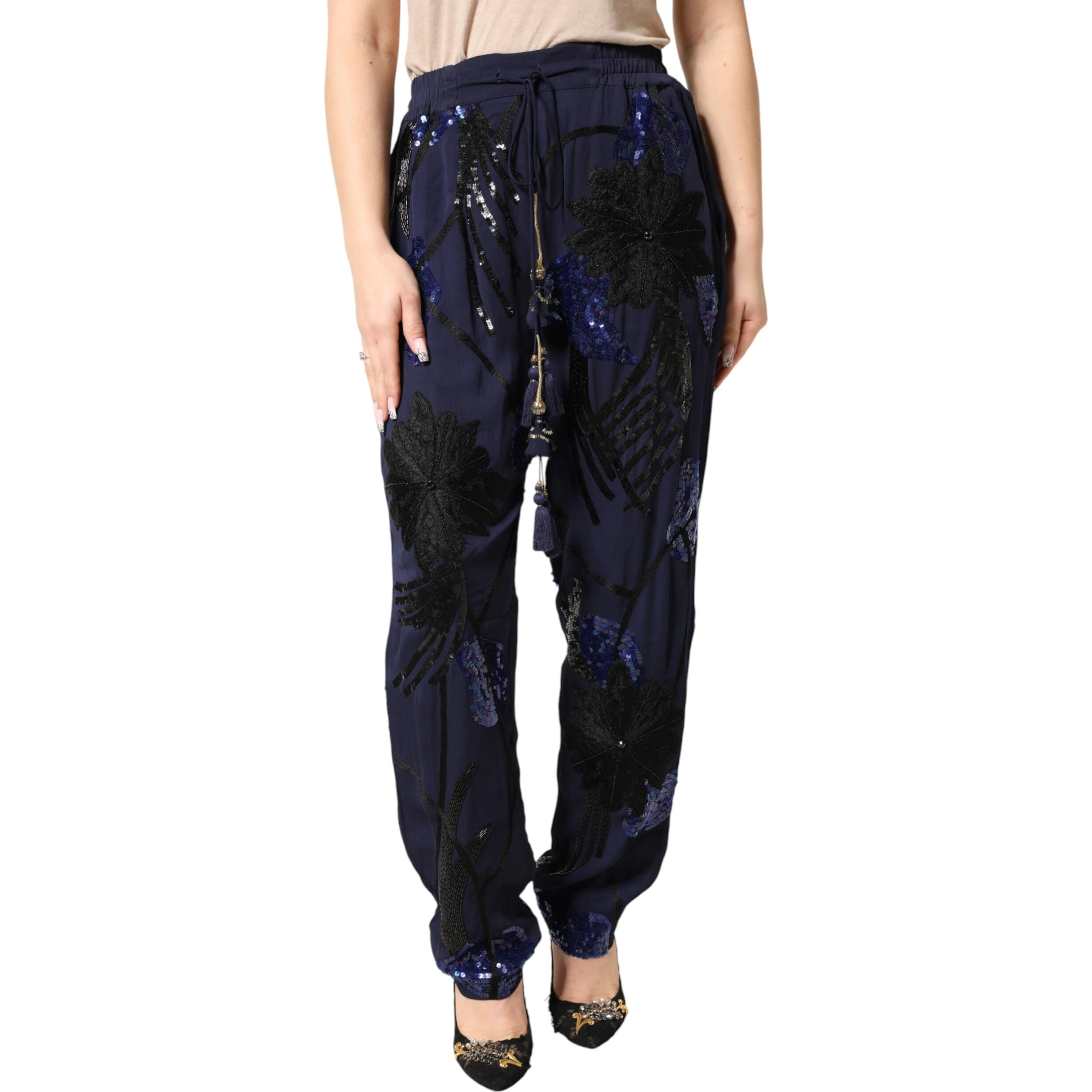 Blue Sequined Tapered Trouser Pants
