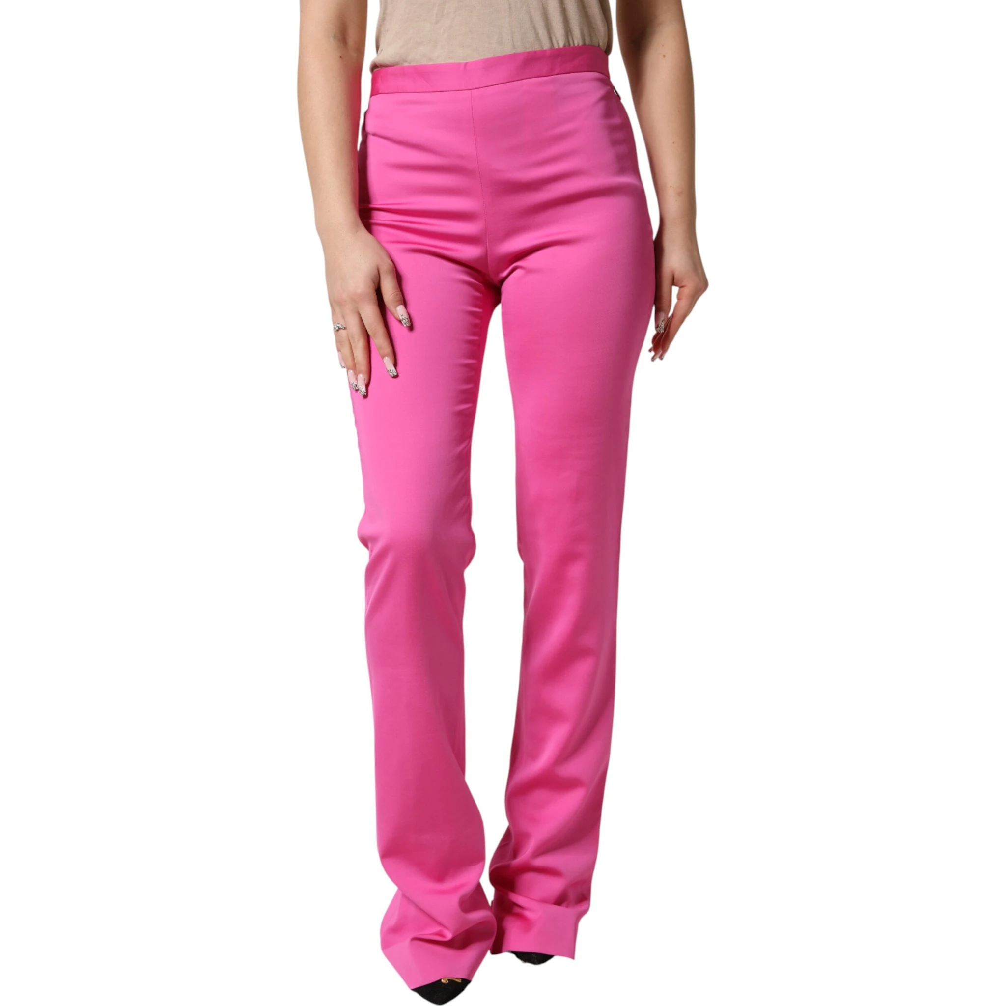 Pink Viscose High Waist Straight Casual Trouser Pants