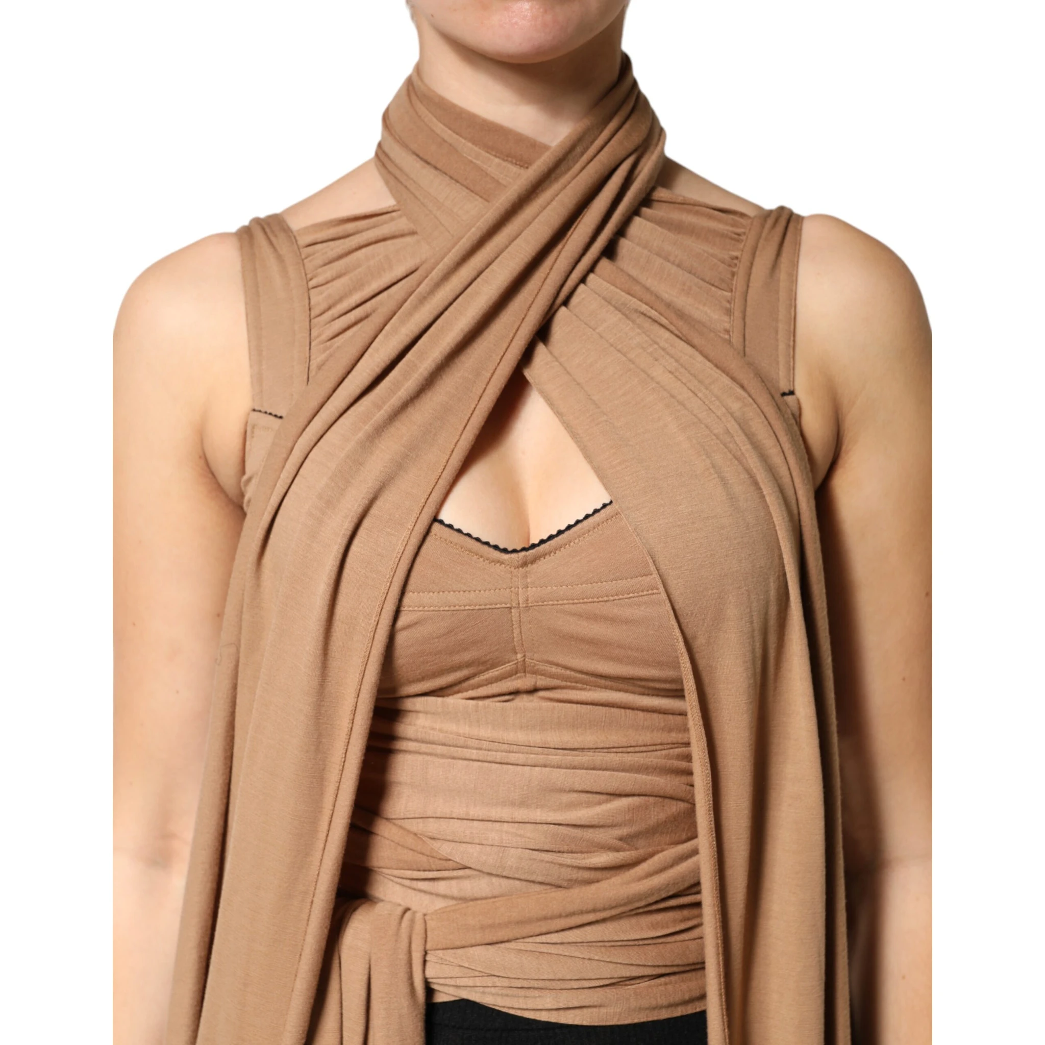Brown Virgin Wool Sleeveless Scarf Tank Top