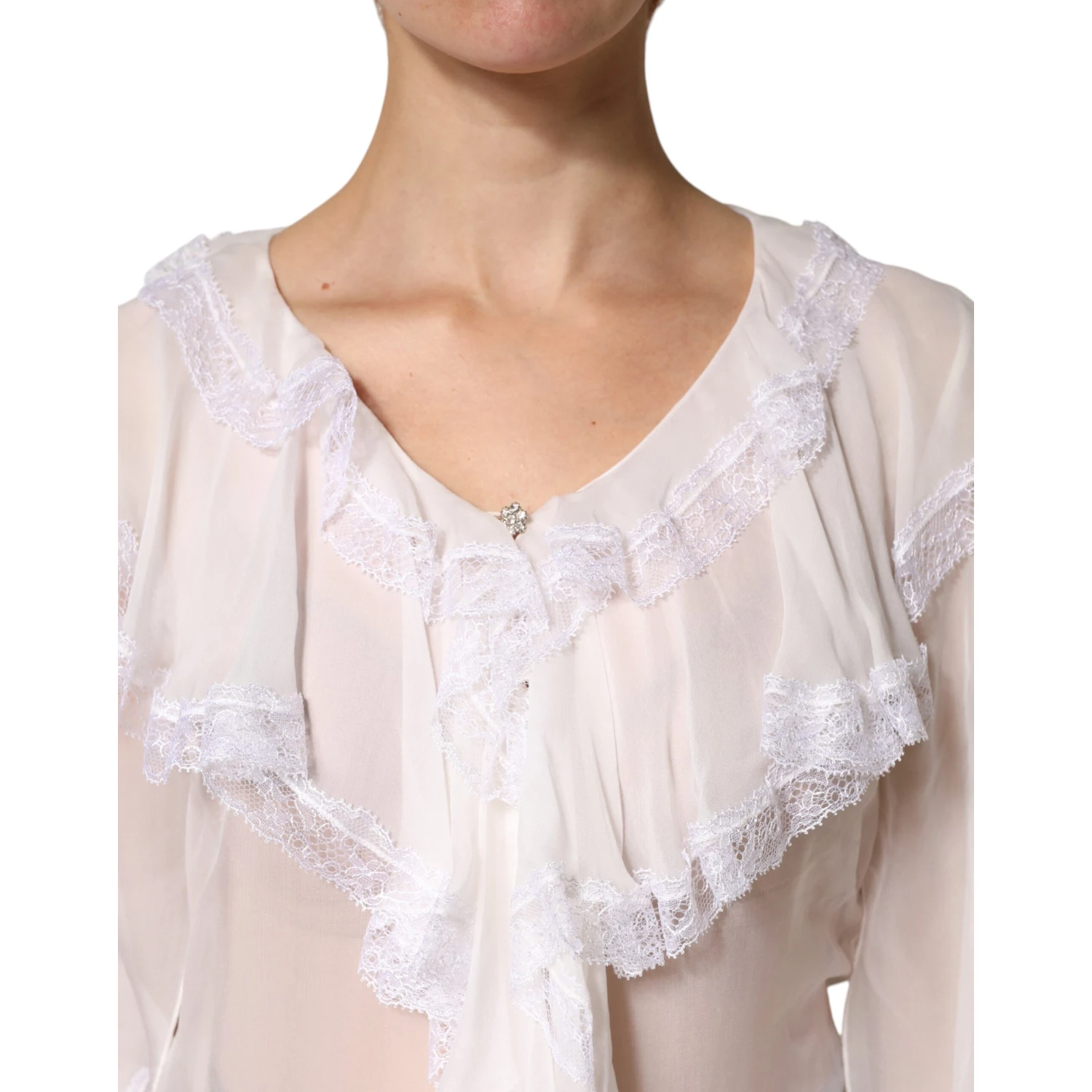 White Ruffles Lace Long Sleeve Blouse Top