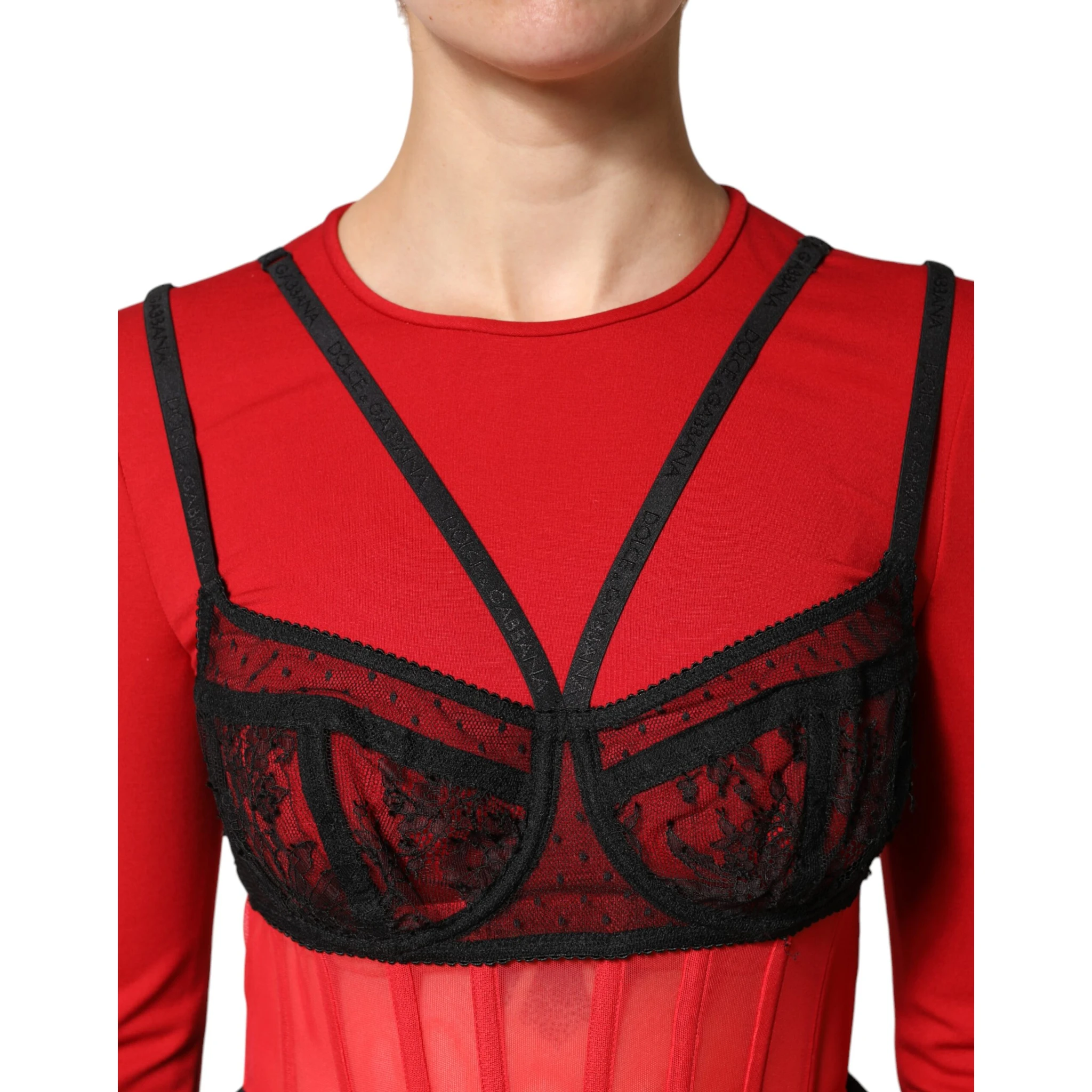 Red Black Nylon Bralette-Style Cropped Top