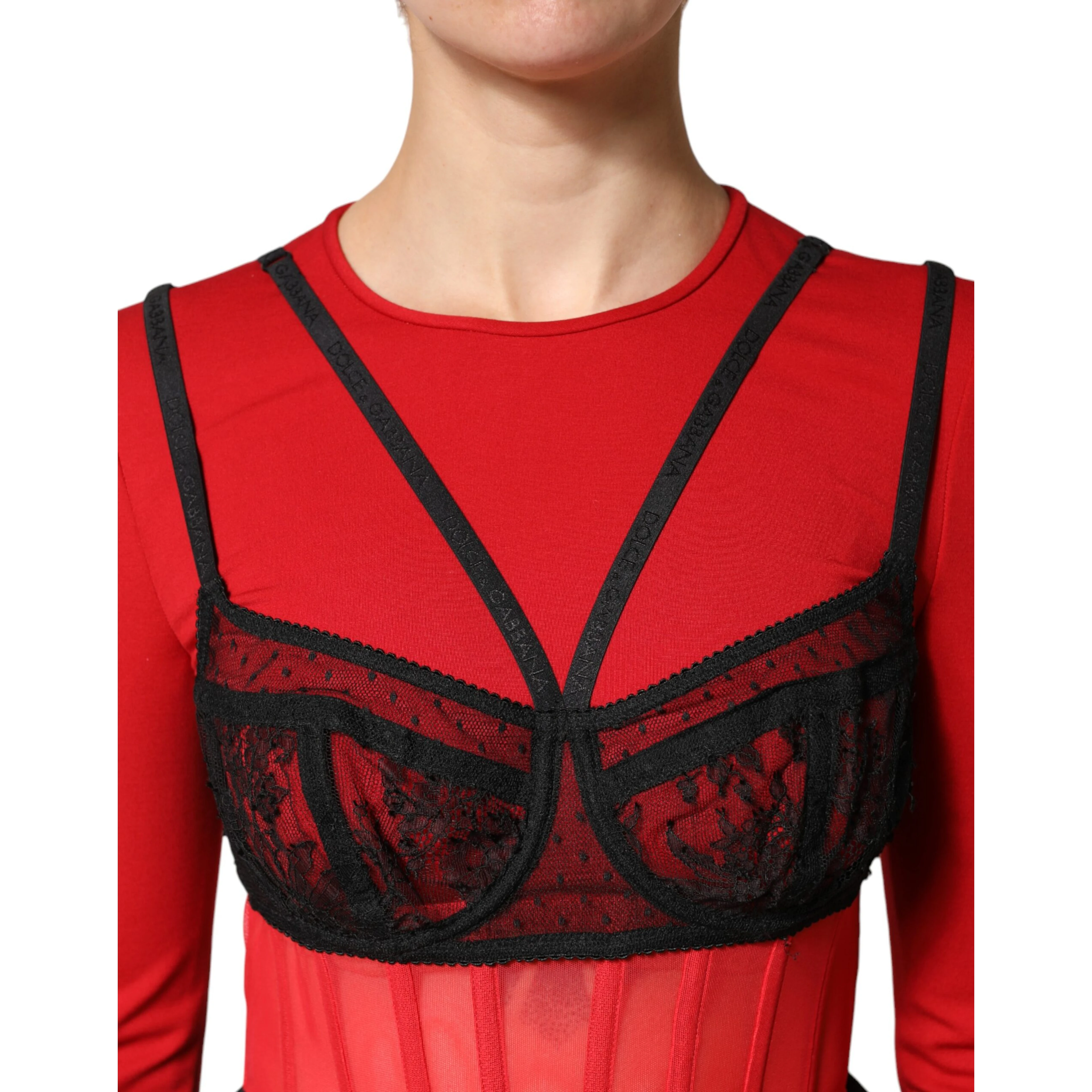 Red Black Nylon Bralette-Style Cropped Top