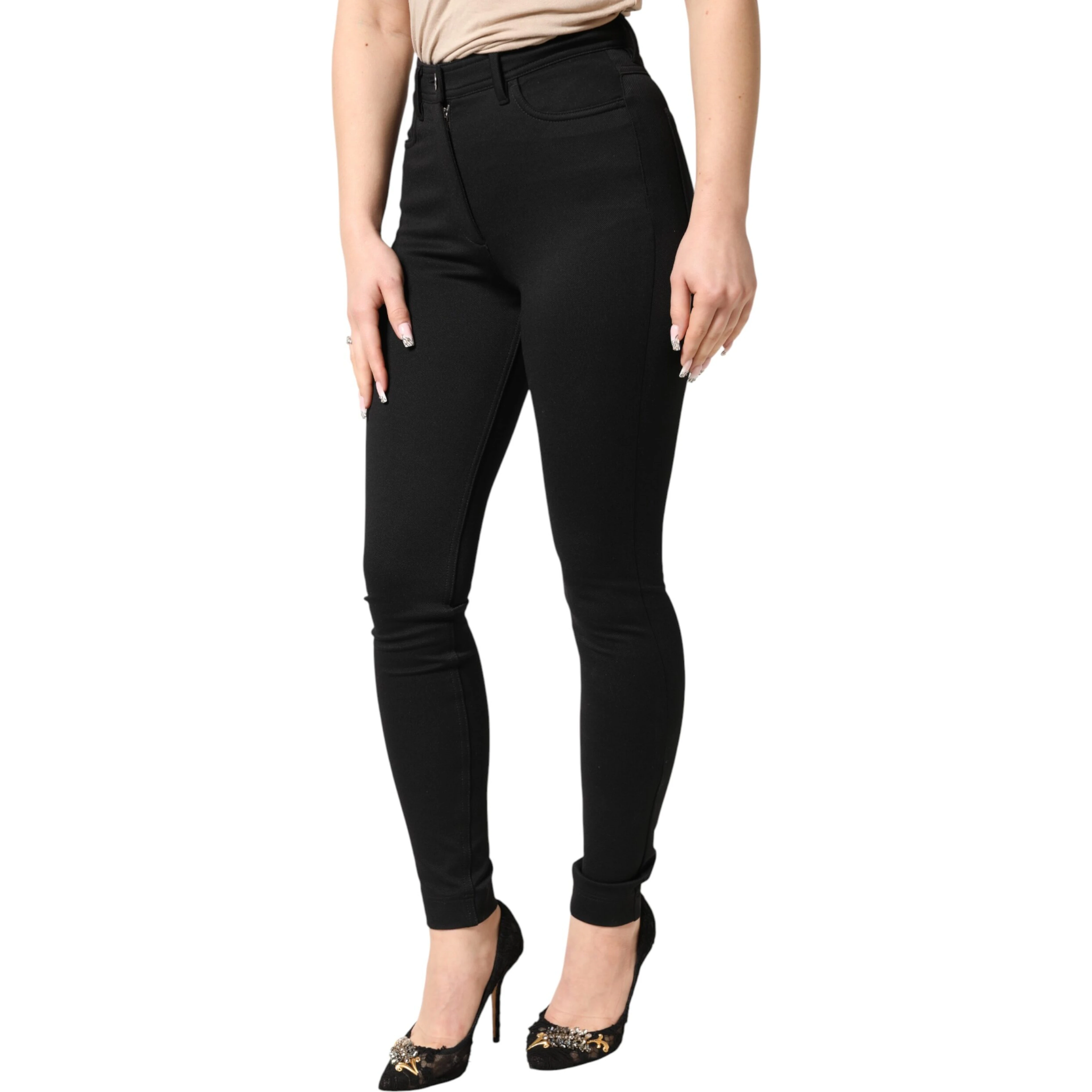 Black Nylon Stretch Skinny High Waist Pants