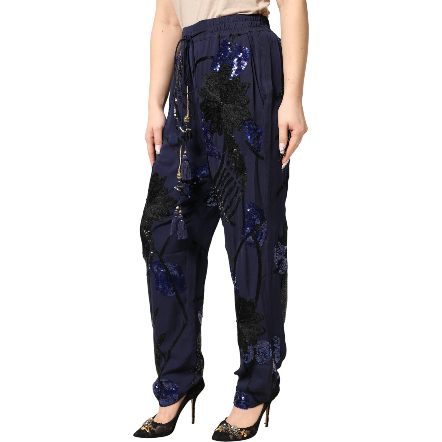 Blue Sequined Tapered Trouser Pants