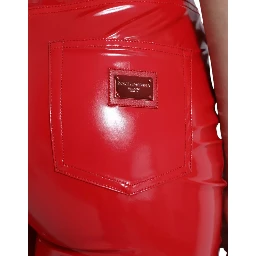 Shiny Red High Waist Skinny Trouser Pants