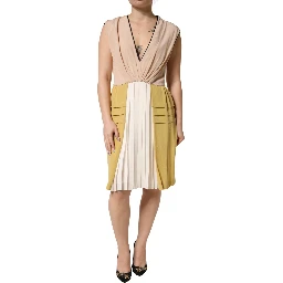 Multicolor Silk Deep V-neck Sleeveless Knee Length Dress
