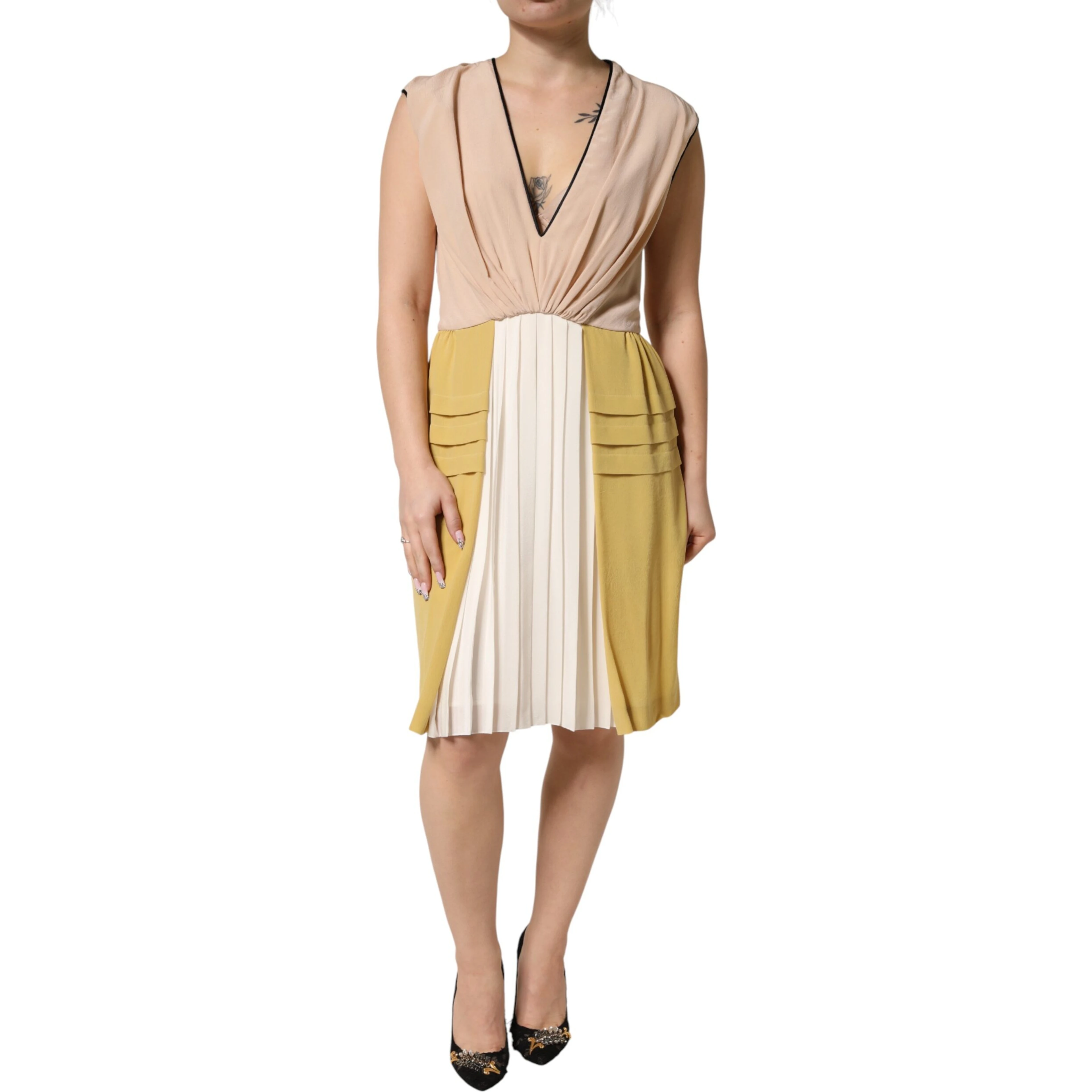 Multicolor Silk Deep V-neck Sleeveless Knee Length Dress