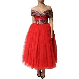 Red Floral Off Shoulder A-line Gown Dress