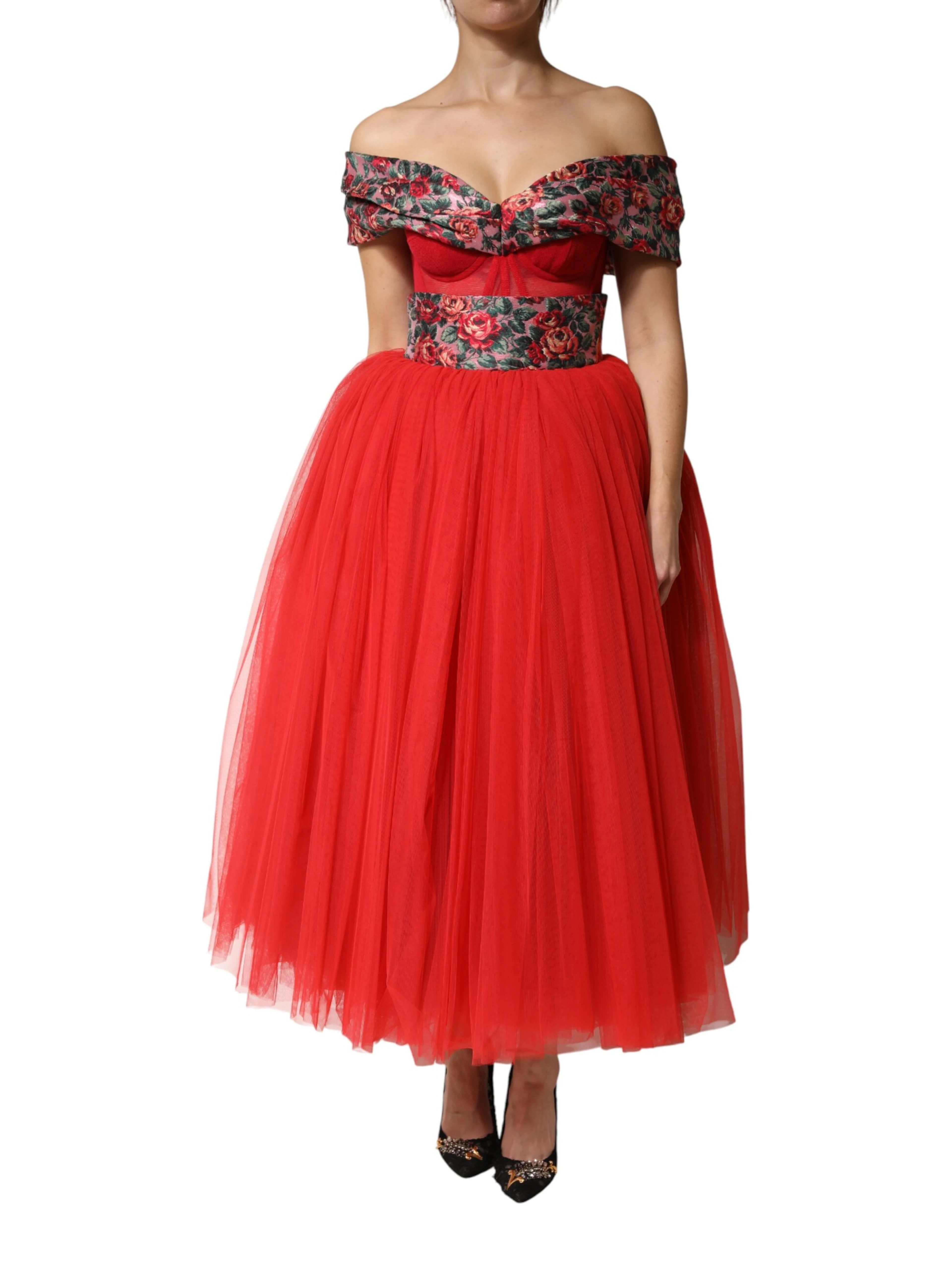 Red Floral Off Shoulder A-line Gown Dress