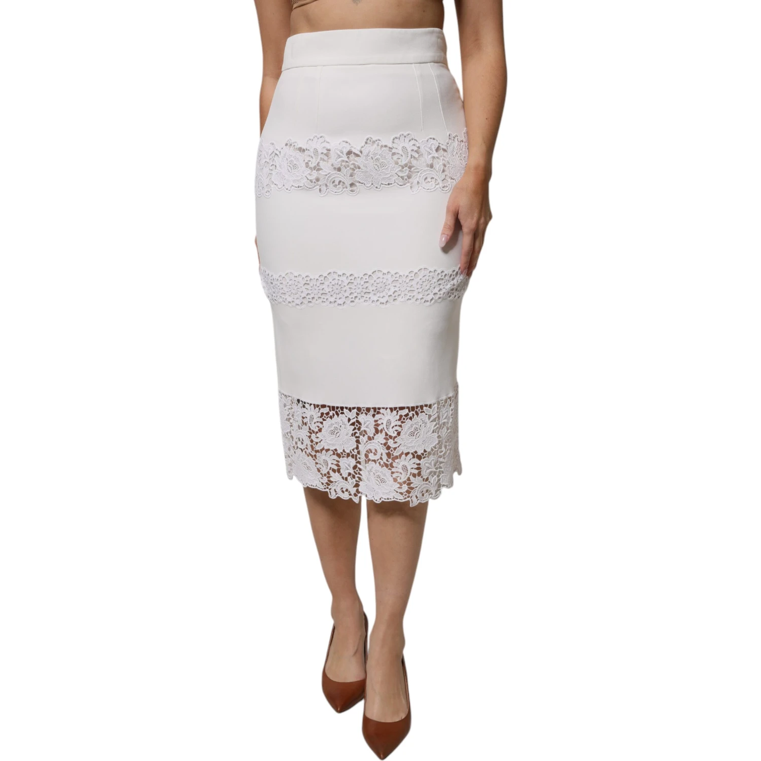 White Floral Lace High Waist Pencil Cut  Skirt