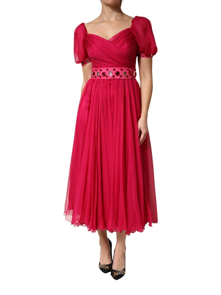 Pink Silk Embellished A-line Midi Dress