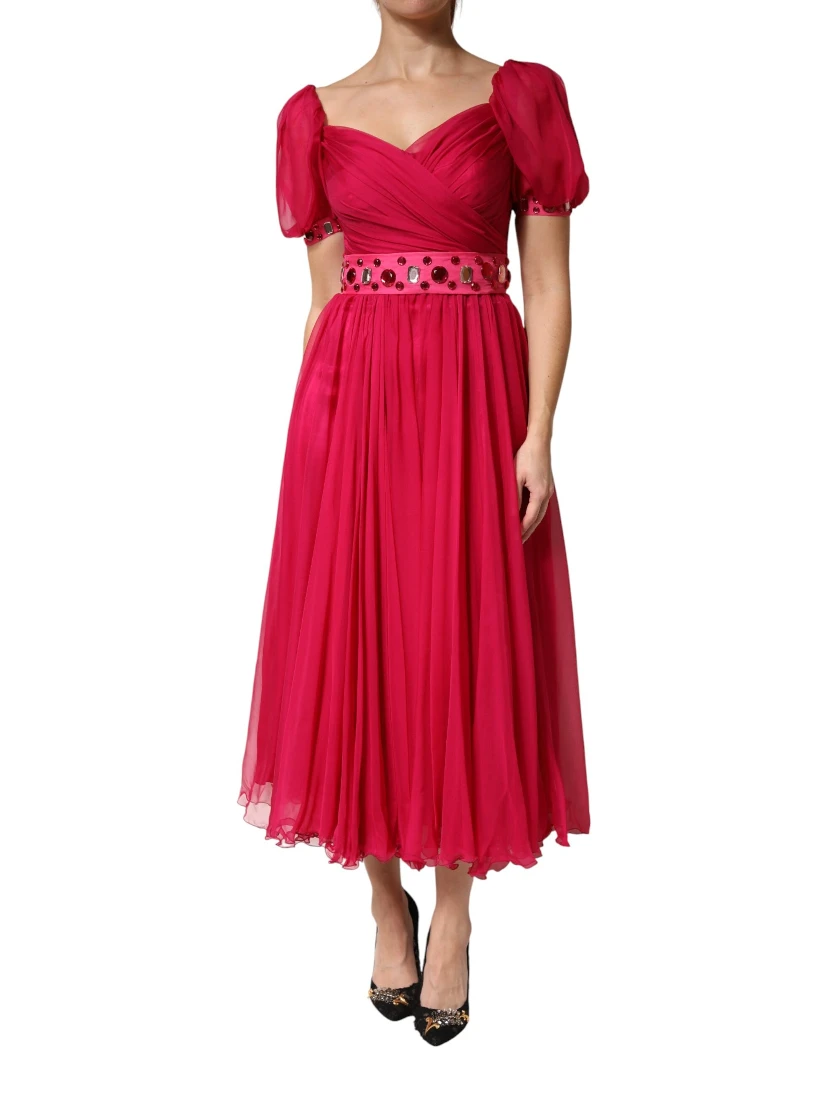 Pink Silk Embellished A-line Midi Dress
