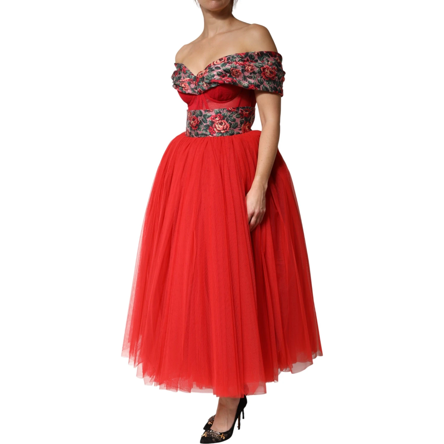 Red Floral Off Shoulder A-line Gown Dress