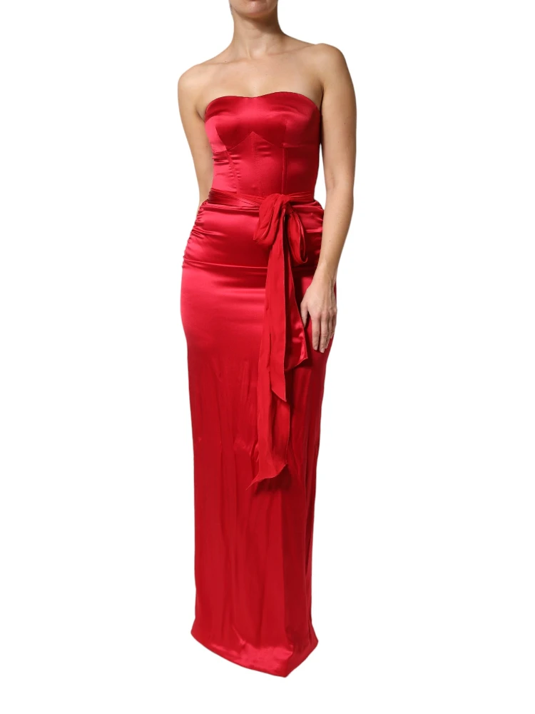 Red Silk Strapless Sheath Long Gown Dress