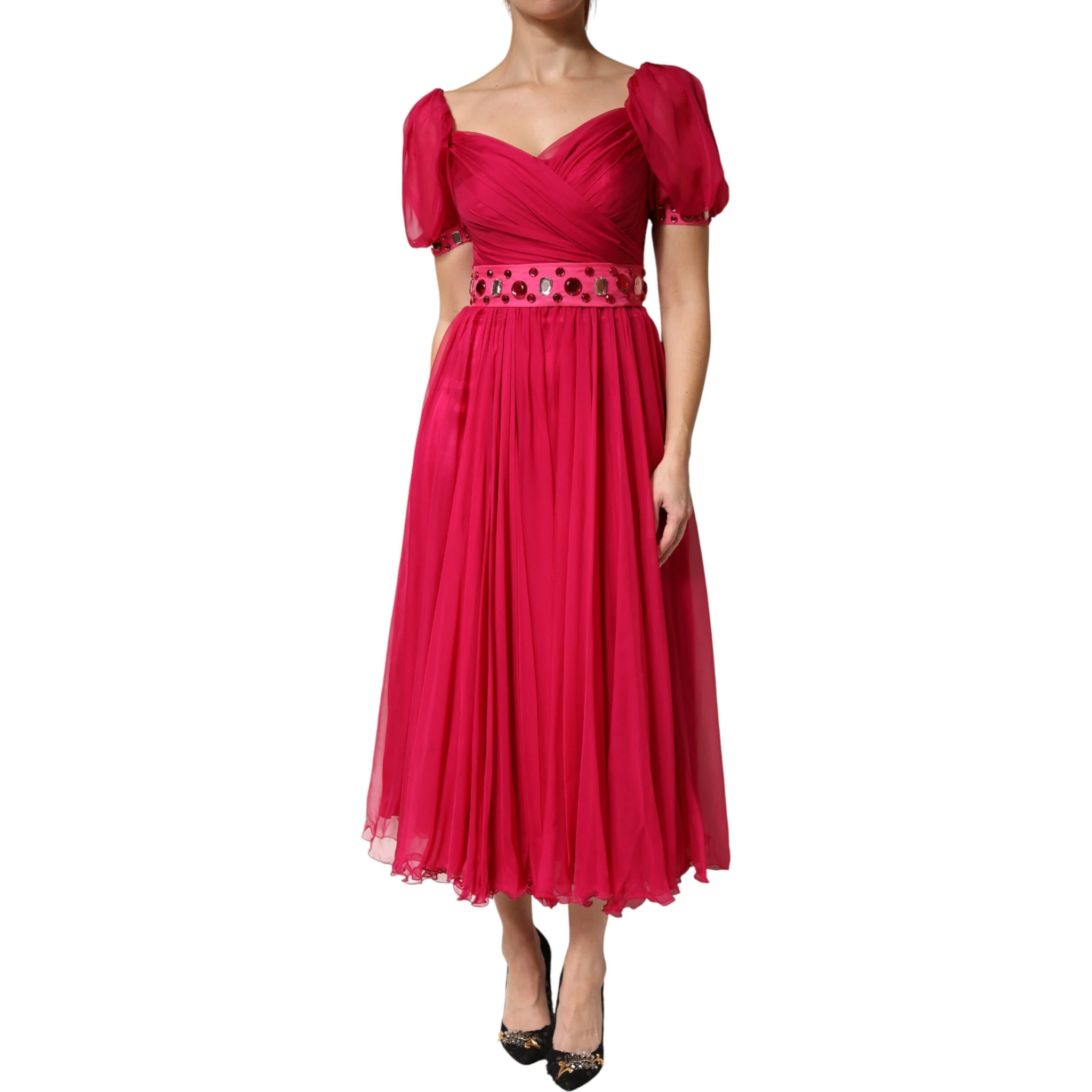 Pink Silk Embellished A-line Midi Dress