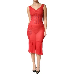 Red Silk Sleeveless Sheath V-neck Midi Dress