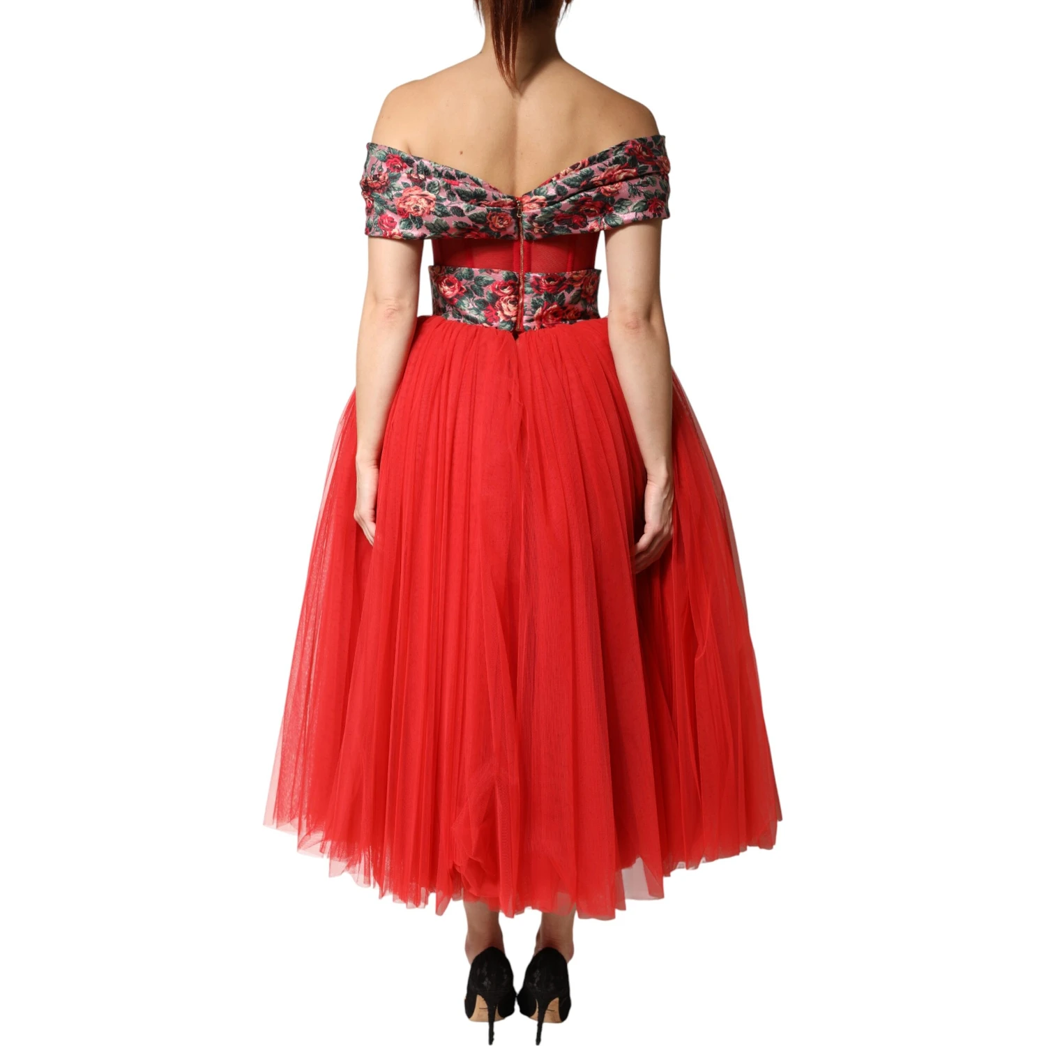 Red Floral Off Shoulder A-line Gown Dress
