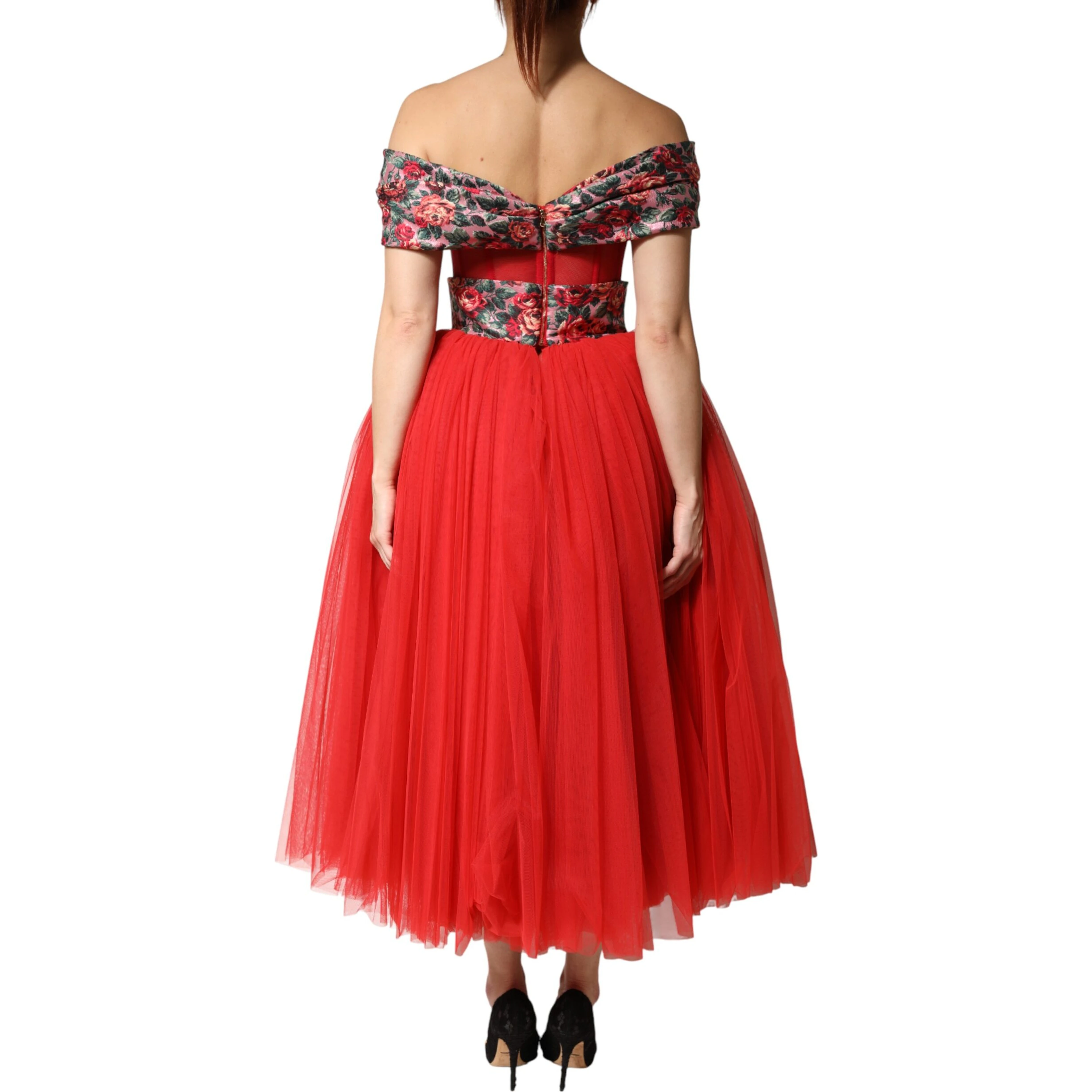 Red Floral Off Shoulder A-line Gown Dress