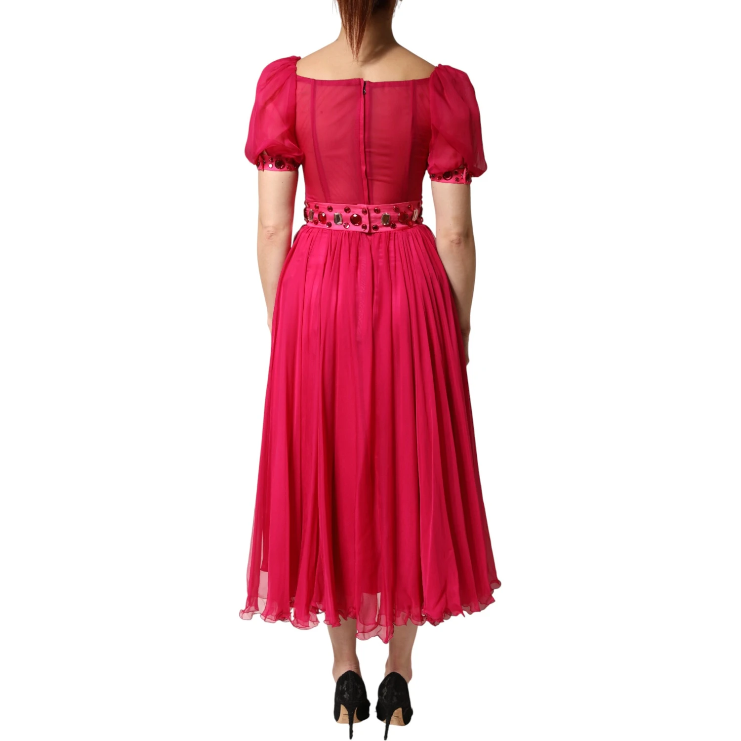 Pink Silk Embellished A-line Midi Dress