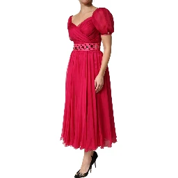 Pink Silk Embellished A-line Midi Dress
