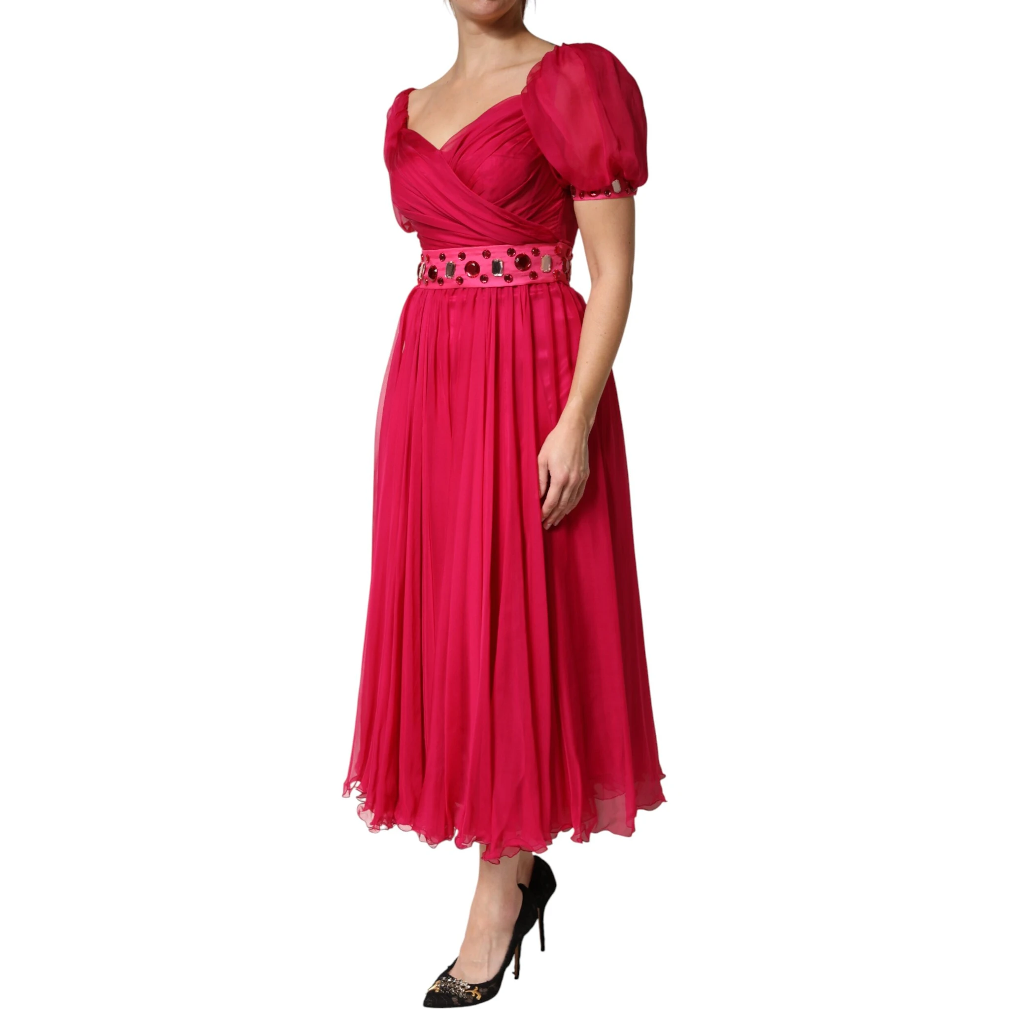 Pink Silk Embellished A-line Midi Dress