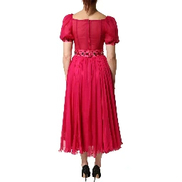 Pink Silk Embellished A-line Midi Dress