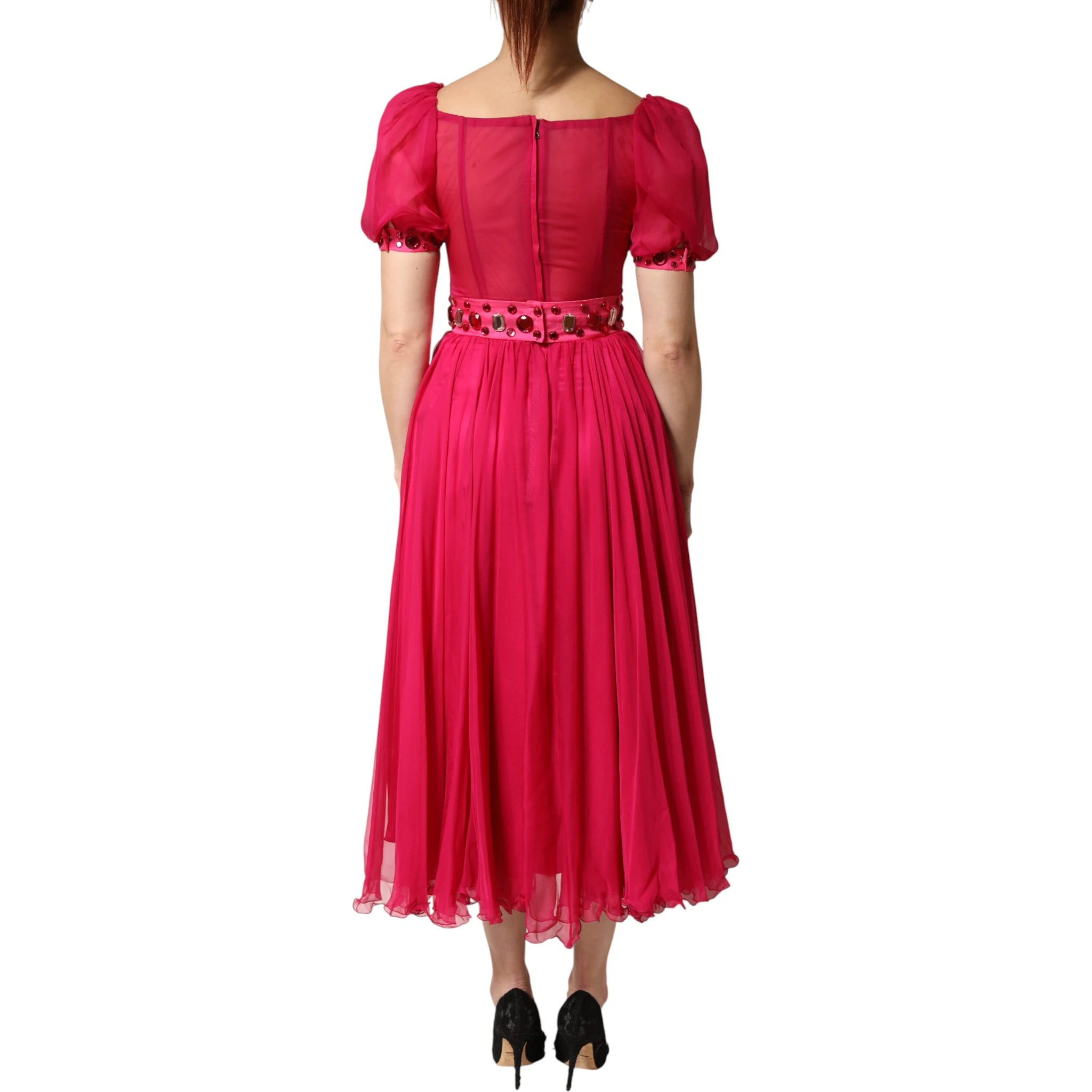 Pink Silk Embellished A-line Midi Dress