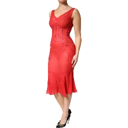 Red Silk Sleeveless Sheath V-neck Midi Dress
