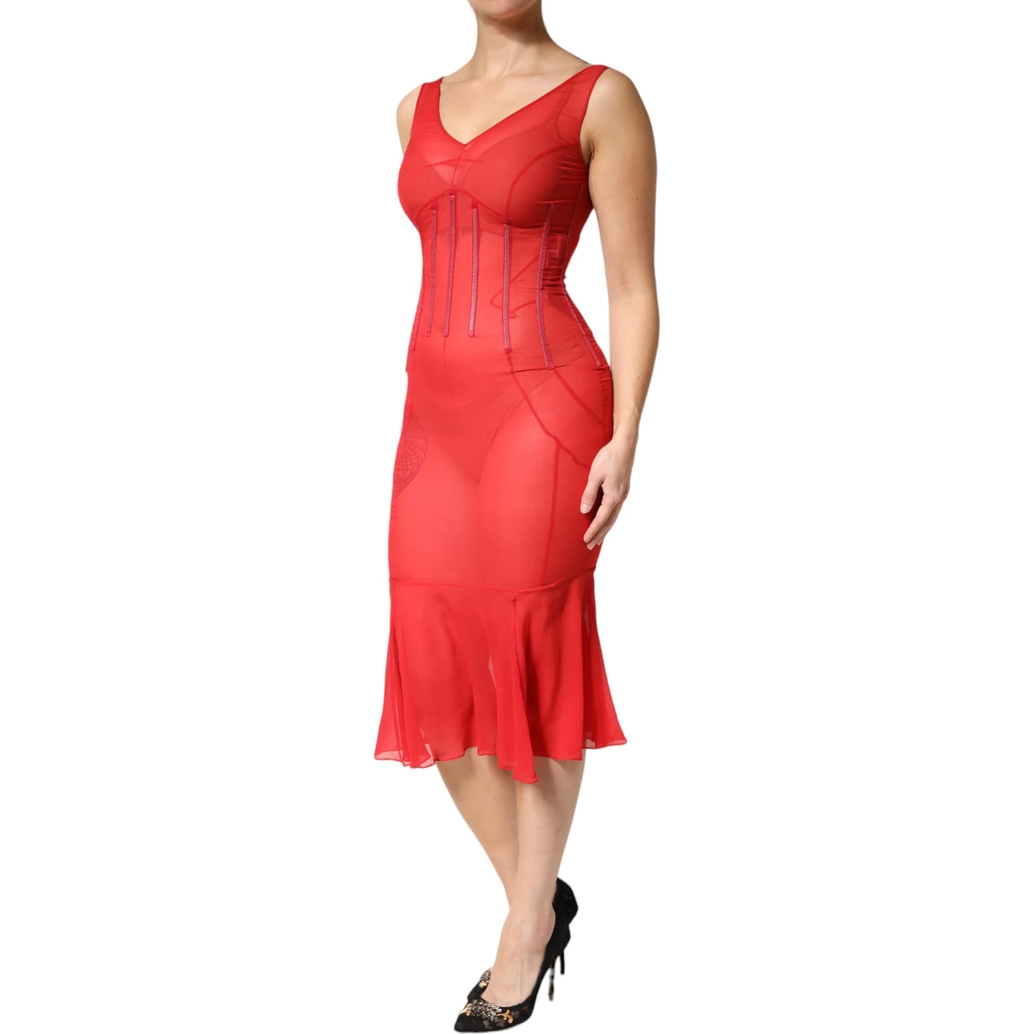 Red Silk Sleeveless Sheath V-neck Midi Dress