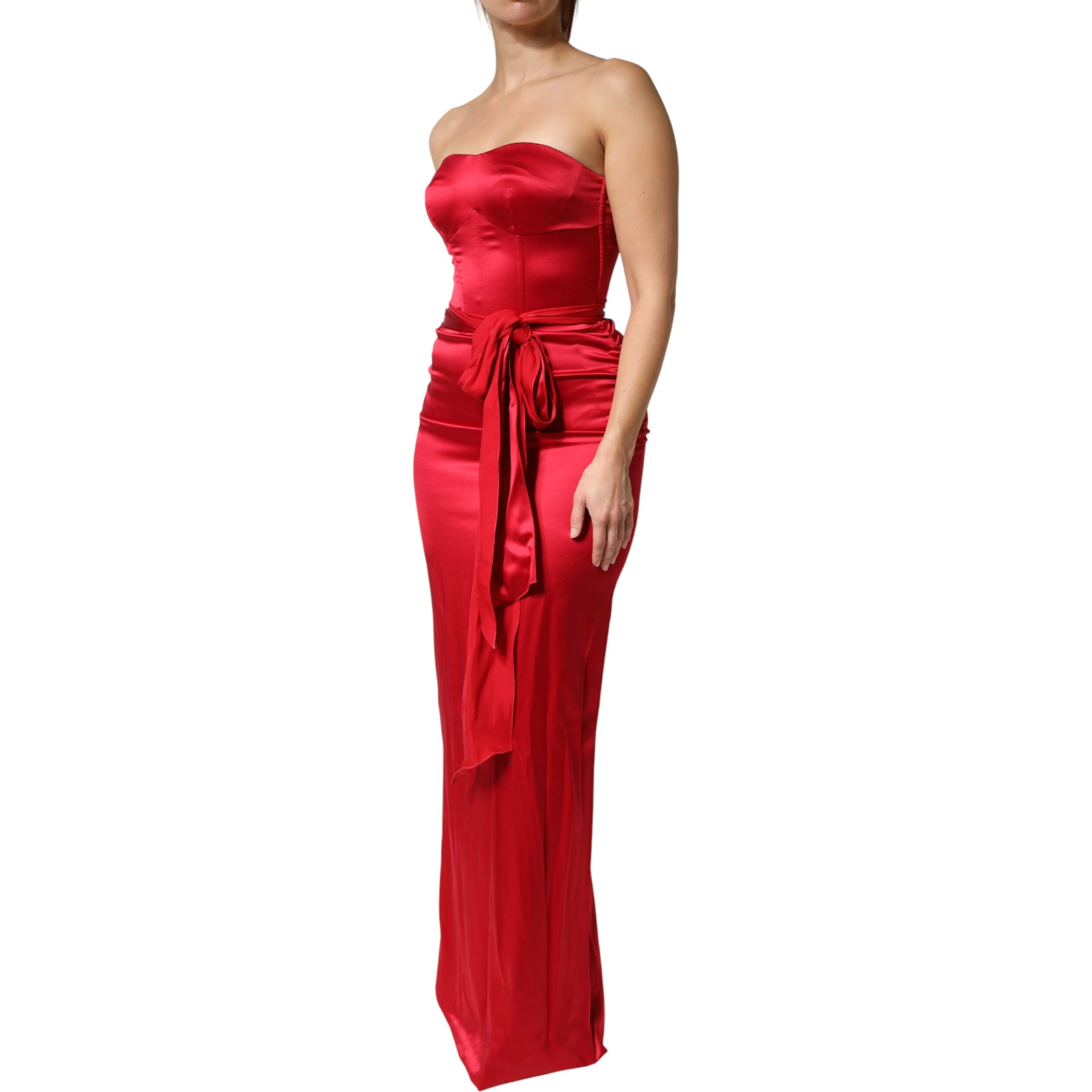 Red Silk Strapless Sheath Long Gown Dress