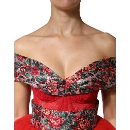 Red Floral Off Shoulder A-line Gown Dress