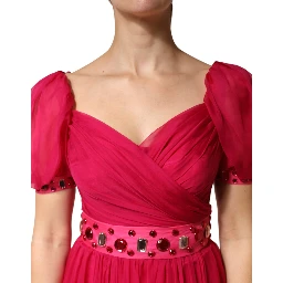 Pink Silk Embellished A-line Midi Dress
