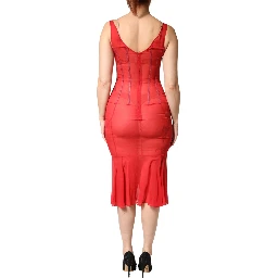 Red Silk Sleeveless Sheath V-neck Midi Dress