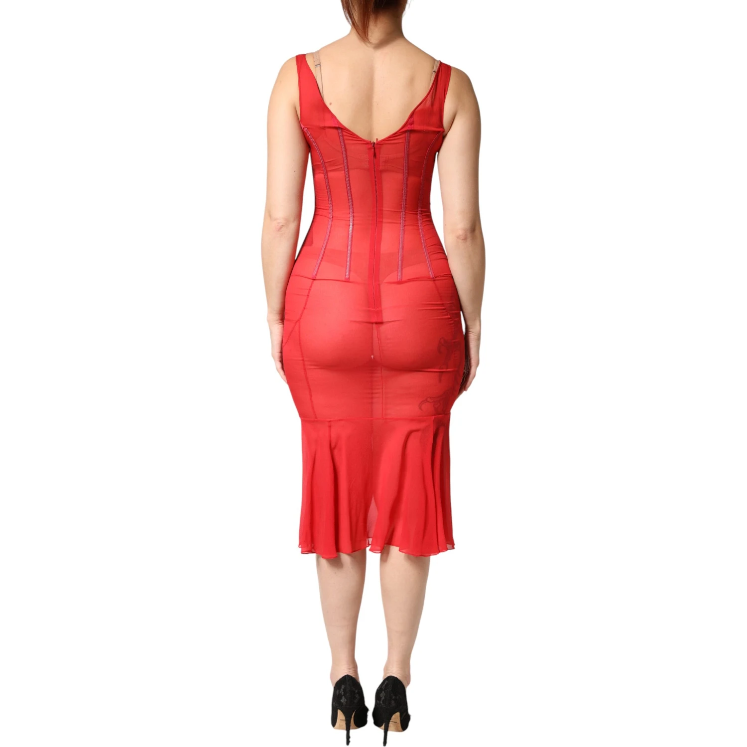 Red Silk Sleeveless Sheath V-neck Midi Dress