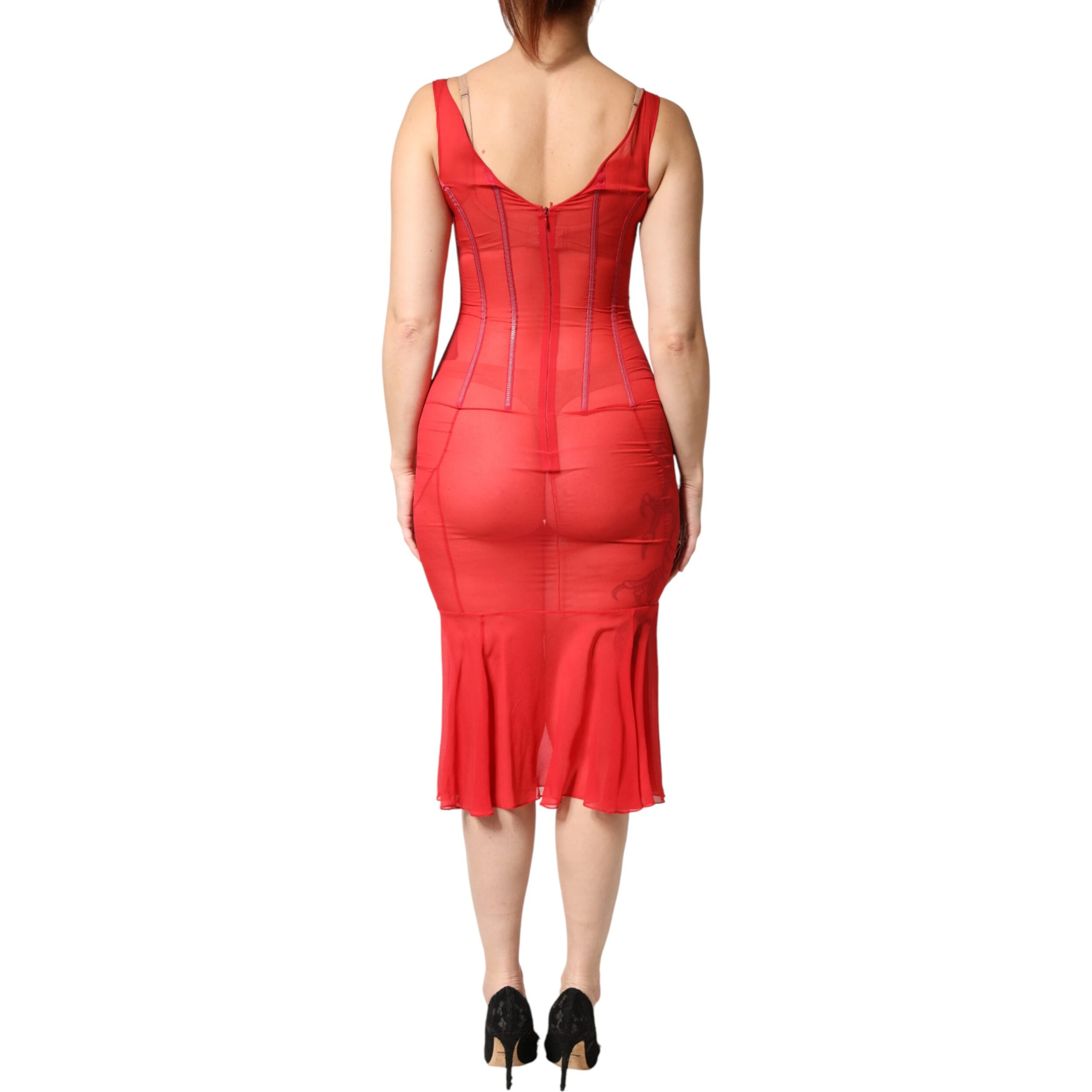 Red Silk Sleeveless Sheath V-neck Midi Dress