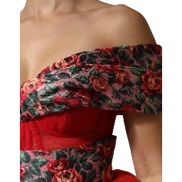 Red Floral Off Shoulder A-line Gown Dress