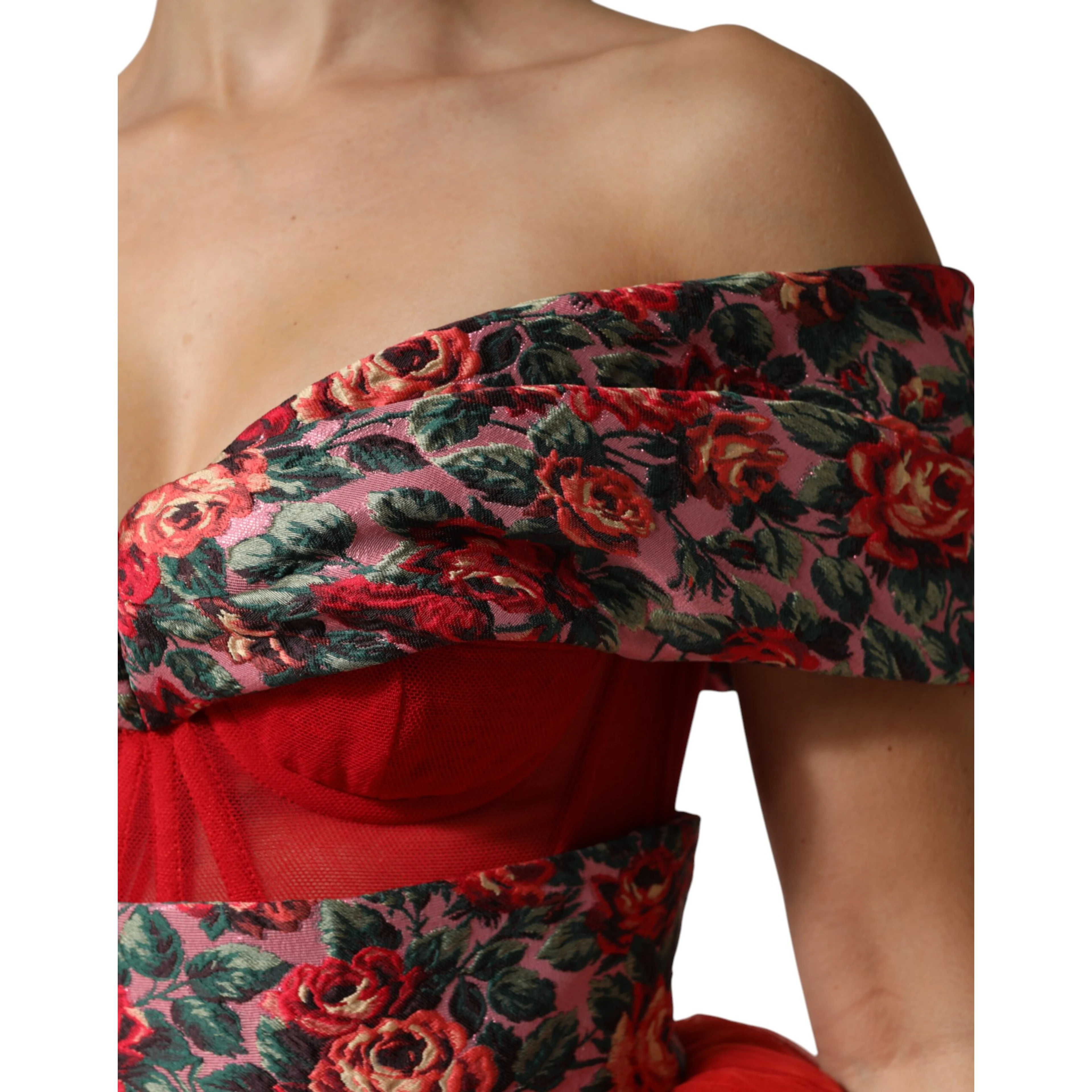 Red Floral Off Shoulder A-line Gown Dress