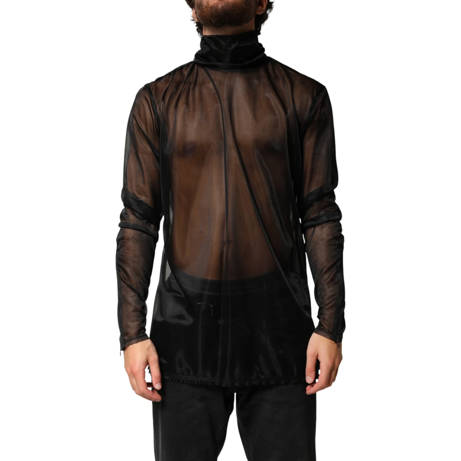 Black Sheer Long Sleeves Turtleneck Top