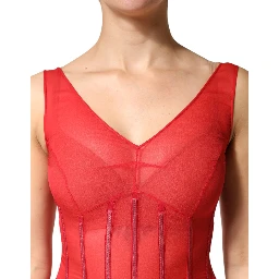 Red Silk Sleeveless Sheath V-neck Midi Dress