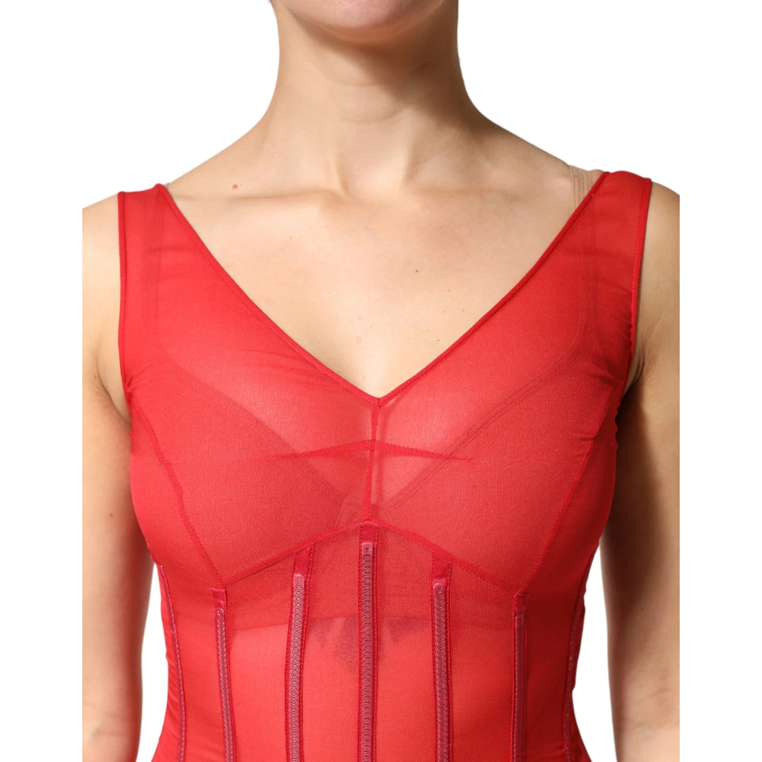 Red Silk Sleeveless Sheath V-neck Midi Dress