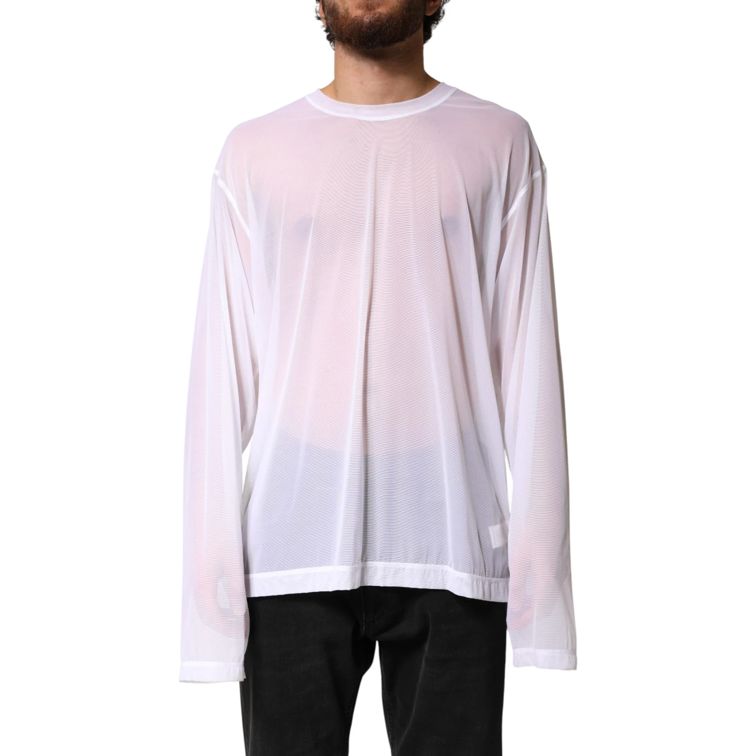 White Nylon Long Sleeves Crewneck T-Shirt