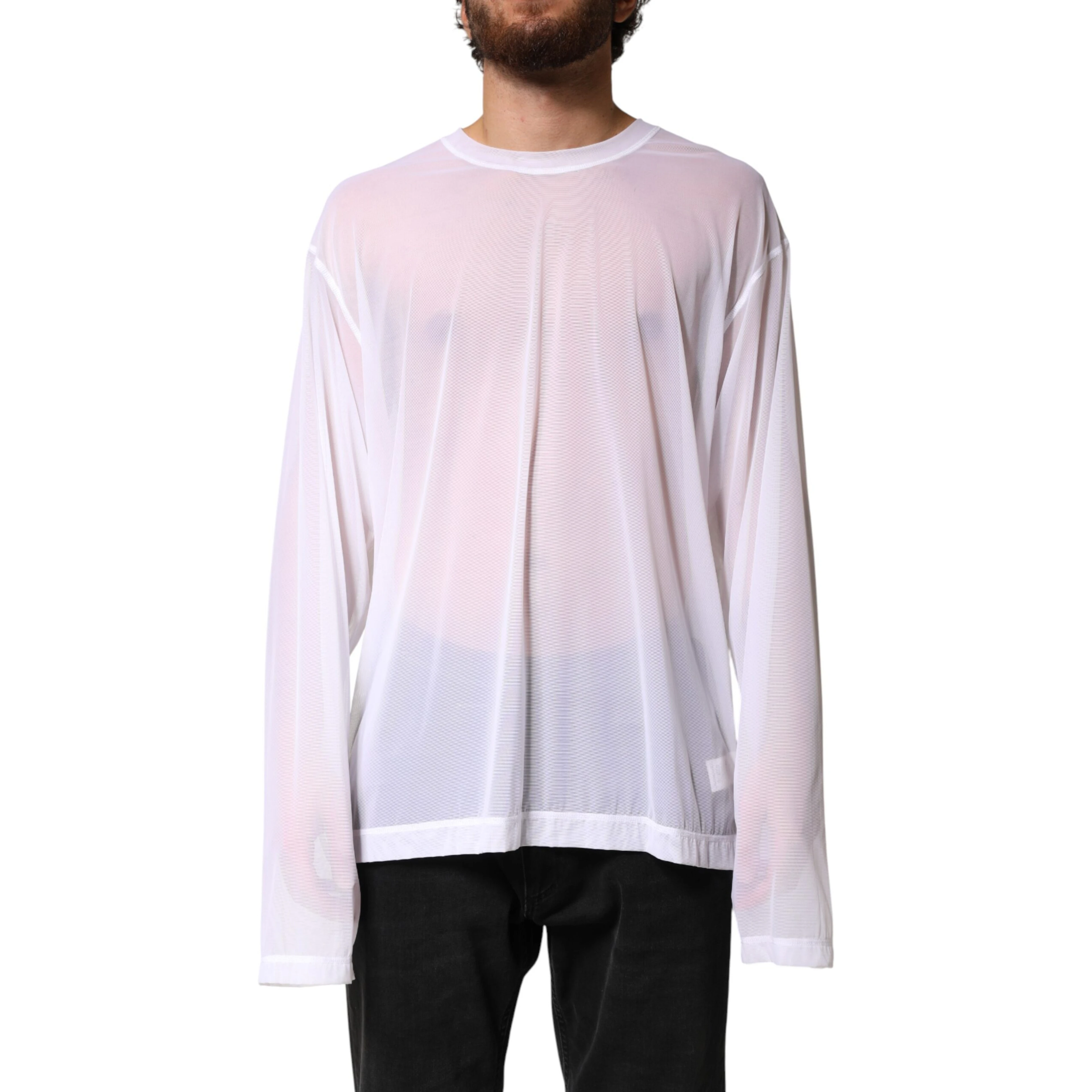 White Nylon Long Sleeves Crewneck T-Shirt